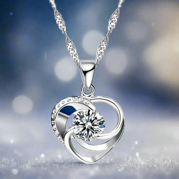 925 Sterling Silver Heart Necklace & Earrings Set CZ Swirl Design - Picture 3 of 5